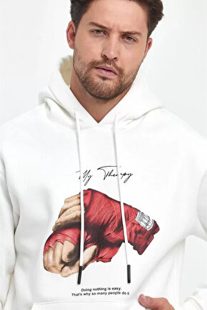 eyesof Unisex Kapüşonlu Üç İplik Oversize Baskılı Sweatshirt - Beyaz