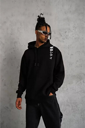 eyesof Unisex Kapşonlu Uzun Kol Baskılı Sweetshirt - Siyah