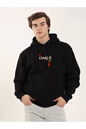 Unisex Baskılı Oversize Üç İplik Kapüşonlu Sweatshirt - Siyah