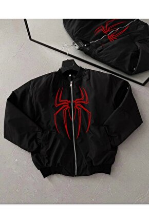 eyesof Unisex Uzun Kol Örümcek Baskılı Bomber Ceket - Siyah