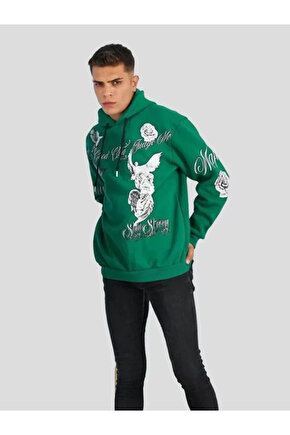 Erkek Kapüşonlu Strong Heykel Baskılı Sweatshirt - Yeşil