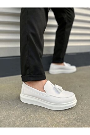 JY154 Blaze Bağcıksız Püsküllü Cilt Erkek Günlük Spor Klasik Ayakkabı CBT - Beyaz