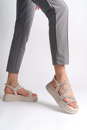 RILEY İnce Tokalı Taşlı Şeritli Ortopedik Taban Kadın Sandalet CKT - Krem