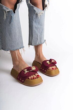 DILA Kalın ve Ortopedik Taban Ayıcıklı Saten Kadın Terlik SKT - Bordo