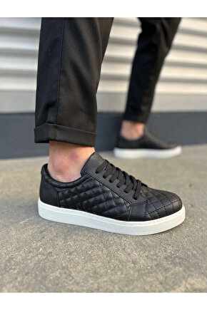 JY166 Prestige Bağcıklı Cilt Kapitone Desenli Erkek Günlük Sneaker Ayakkabı CBT - Siyah