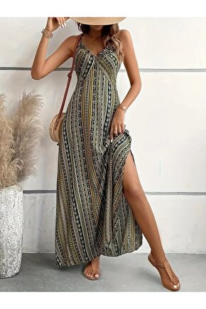 Kadın Ip Askılı Sırttan çapraz Detaylı Yırtmaçlı Desenli Süprem Elbise