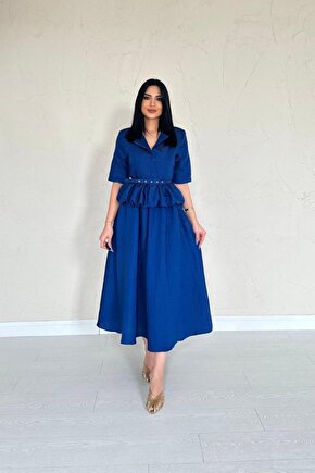 Lacivert İnce Kemerli Fırfırlı Ceket Ve Büzgülü Etek Takım