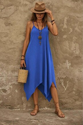 Kadın Askılı V Yakalı Cep Detaylı Asimetrik Kesim Viskon Elbise