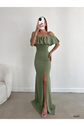 Kadın Dalgıç Krep Yırtmaç Detaylı Askılı Maxi Boy Elbise