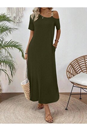 Kadın Tek Omuzdan Açık Toka Detaylı Yandan Yırtmaçlı Maksi Boy Viskon Elbise