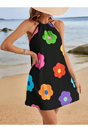 Kadın Boyundan Askılı Kolsuz çiçek Desenli Süprem Elbise