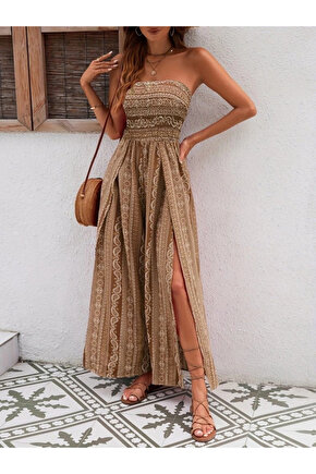 Kadın Yakası Gipe Detaylı önden Yırtmaç Detaylı Desenli Süprem Pantolun Etek Tulum