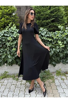 Kadın Kısa Balon Kollu Bisiklet Yaka Geniş Kesim Janjan Krep Elbise