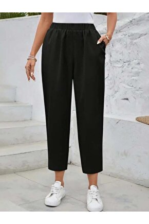 Kadın Yüksek Bel Yandan Cepli Düğme Detaylı Geniş Kesim Ithal Krep Pantolon