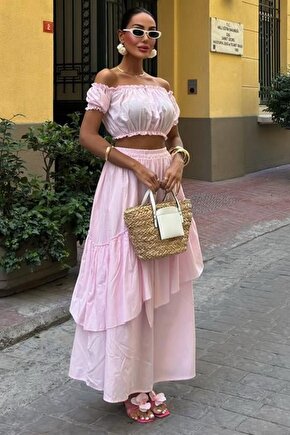 eyesof Büzgülü Crop Kat Detaylı Fırfır Etekli Takım 10196