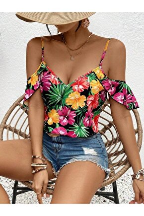 Kadın Askılı Omuzlardan Açık çiçek Baskılı Bluz