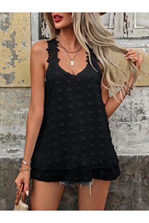 Kadın Dantel Askılı V Yakalı Sırtı çapraz Detaylı Ponpon Bluz