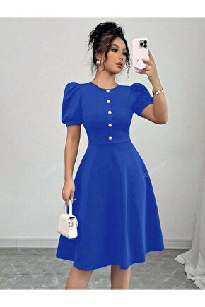 Kadın Kısa Kollu Bisiklet Yaka önden Düğmeli Ithal Krep Elbise