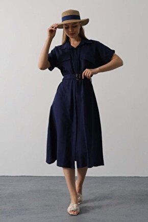 Kuşaklı Cep Detaylı Yarım Kol Elbise - Lacivert