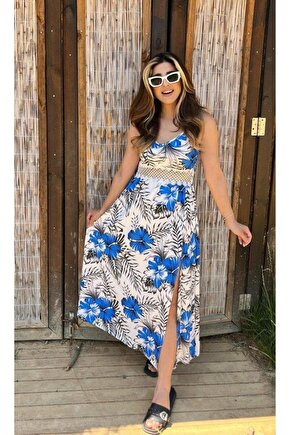 Kadın Ip Askılı V Yakalı Bel Güpür çiçek Desenli Yandan Yırtmaçlı Maksi Süprem Elbise