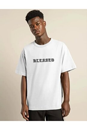 Unisex Bisiklet Yaka Oversize Baskılı T-Shirt - Beyaz