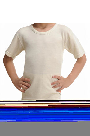 Unisex Çocuk Ekru Gerçek Yün Kısa Kollu Fanila