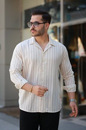 eyesof Erkek çizgili Keten Gömlek