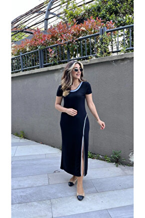 Kadın Yuvarlak Ribana Yaka Beyaz Yırtmaç Detaylı Viskon Tam Boy Elbise