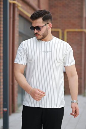 EQURİ Erkek Dikey çizgili Ottoman Kumaş Kısa Kollu T-shirt