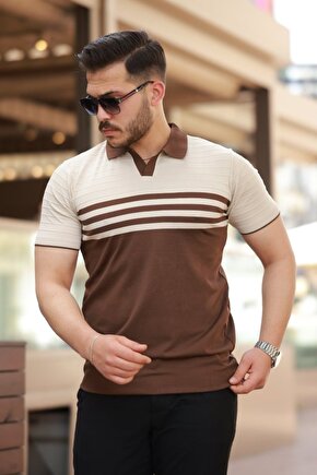 EQURİ Erkek çizgi Desenli Yakalı Kısa Kollu T-shirt