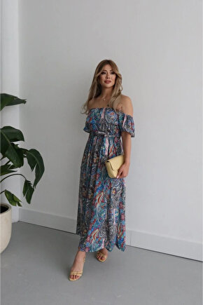 Kadın Kısa Kollu Madonna Yaka Fırfırlı Belden Yırtmaçlı Maksi Süprem Elbise