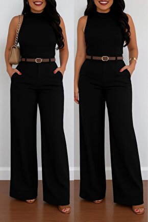 Kadın Yüksek Bel Geniş Paça Detaylı Cepli Ithal Krep Pantolon