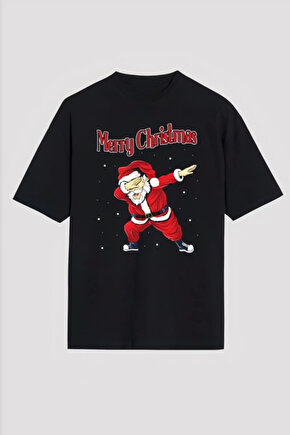 Merry Christmas Baskılı Noel Babalı T-shirt - Siyah