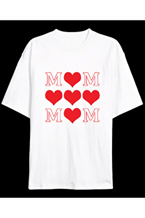 eyesof Anneler Gününe Özel Tasarım MOM Kalp Baskılı T-shirt - Beyaz