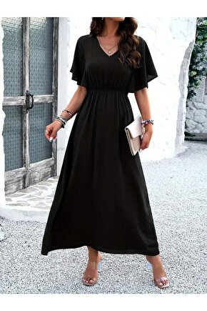 Kadın Kısa Kollu V Yakalı Beli Lastikli Uzun Viskon Elbise