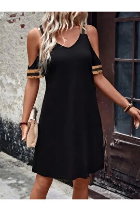 Kadın Askılı V Yakalı Omuzlardan Açık Kısa Viskon Elbise