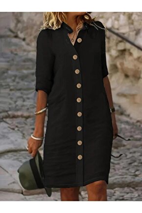 Kadın Kısa Kollu Hakim Yaka önden Düğmeli Kısa Müslim Elbise