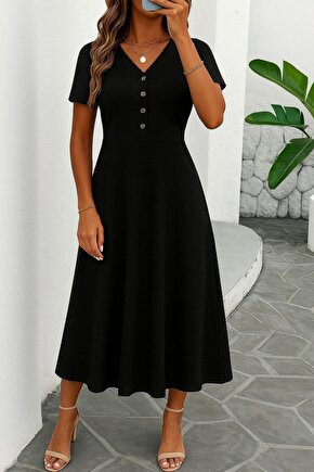 Kadın Kısa Kollu V Yakalı önden Düğmeli Yırtmaçlı Midi Viskon Elbise