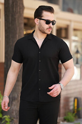 Erkek Ottoman Kumaş Apaj Yaka Kısa Kollu Gömlek