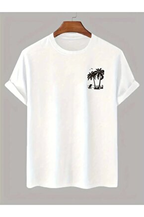 Baskılı Oversize Bisiklet Yaka T-shirt - Beyaz