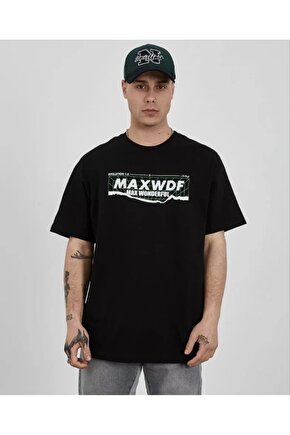 Unisex Bisiklet Yaka Baskılı Oversize T-Shirt - Siyah