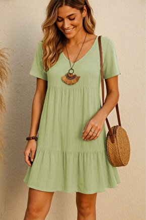 eyesof Kadın Kısa Kollu V Yakalı Fırfırlı Bürümcük Elbise