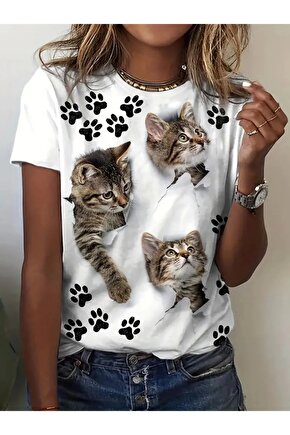 Kadın Kısa Kollu Kedi Ve Pati Baskılı Süprem T-shirt