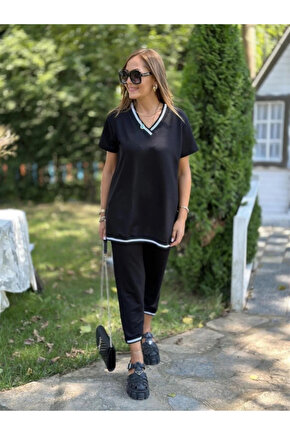 eyesof Kadın Kısa Kollu V Yakalı Iki Iplik Bluz Ve Pantolon Ikili Takım