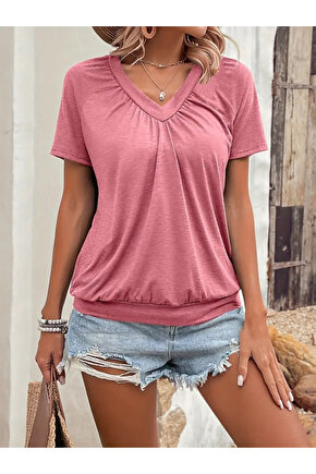 eyesof Kadın Kısa Kollu V Yakalı Büzgü Detaylı Viskon Bluz