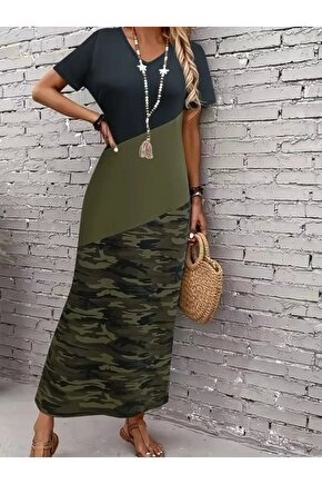 Kadın Kısa Kollu Bisiklet Yaka çok Renkli Maksi Viskon Elbise