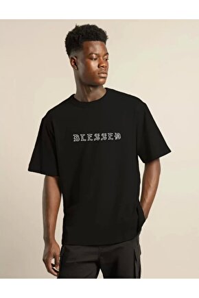 Unisex Bisiklet Yaka Oversize Baskılı T-Shirt - Siyah