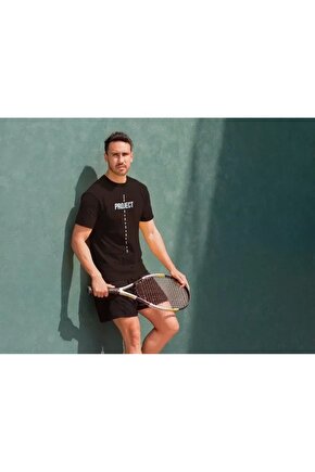 Unisex Bisiklet Yaka Baskılı Oversize T-Shirt - Siyah