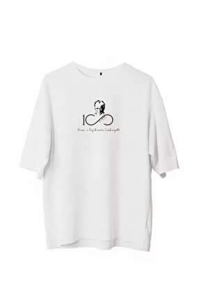 Unisex Bisiklet Yaka Baskılı Oversize T-Shirt - Beyaz