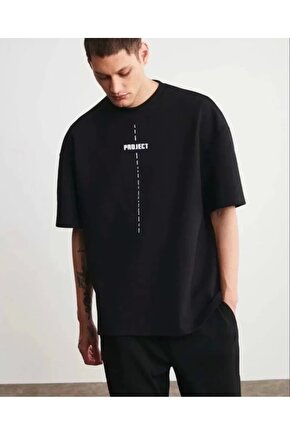 Unisex Bisiklet Yaka Baskılı Oversize T-Shirt - Siyah